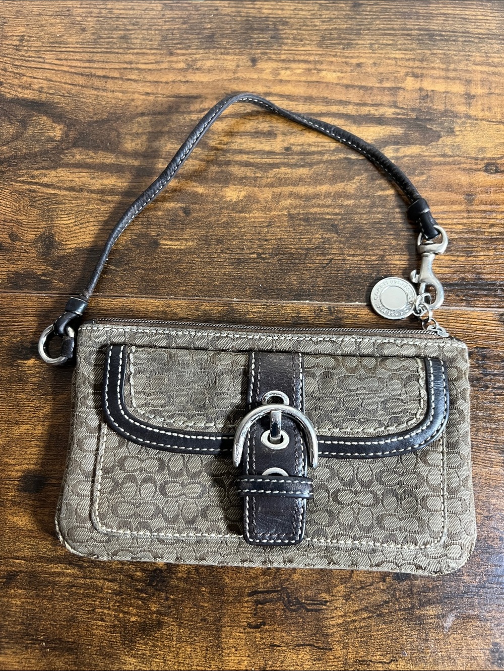 Coach Khaki Canvas Wristlet with Dark Brown Leather Trim